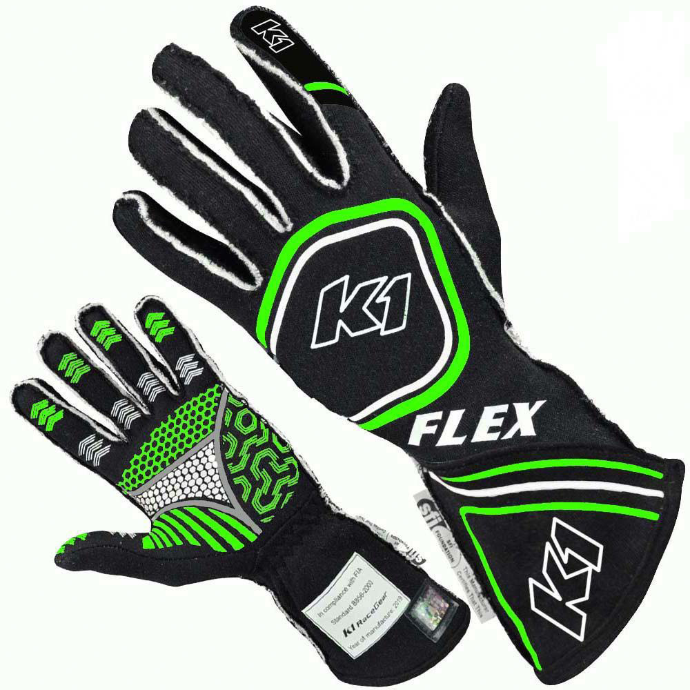 [K1R23-FLX-NFV-XL] K1 Racegear - Glove Flex X-Large Black / Flo Green SFI / FIA
