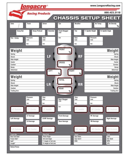 [LON52-22528] Longacre - Chassis Set Up/Tire Sheet